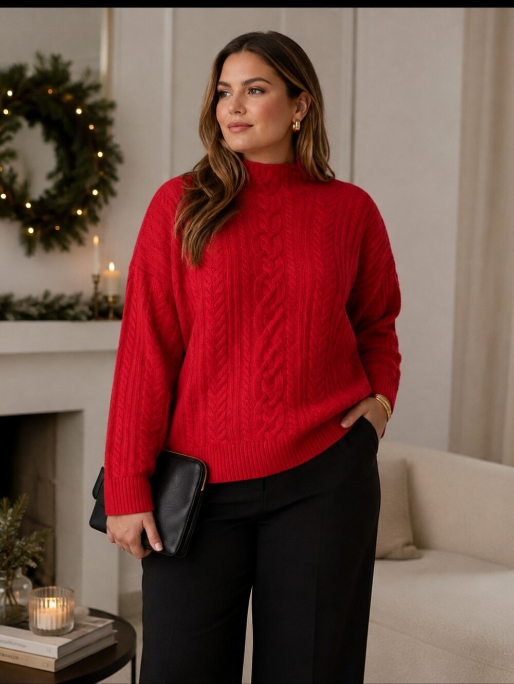 LAUREN RALPH LAUREN Wool Cashmere Cable Knit Mockneck/Turtleneck Sweater Red